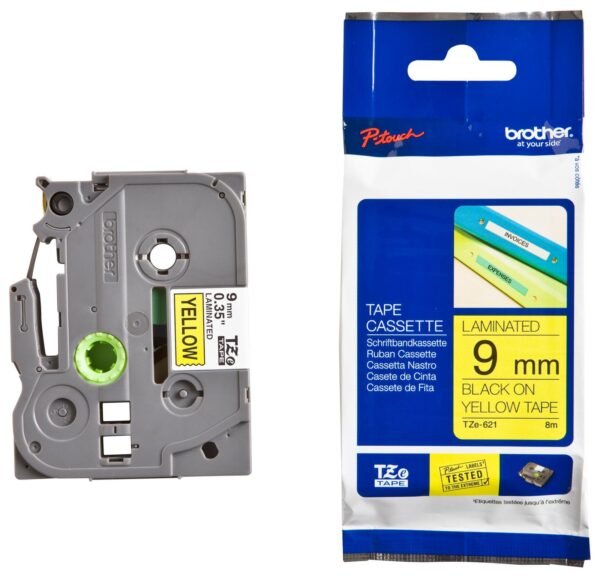 Brother TZE-621 9mm Gloss Black on Yellow Label Printer tape